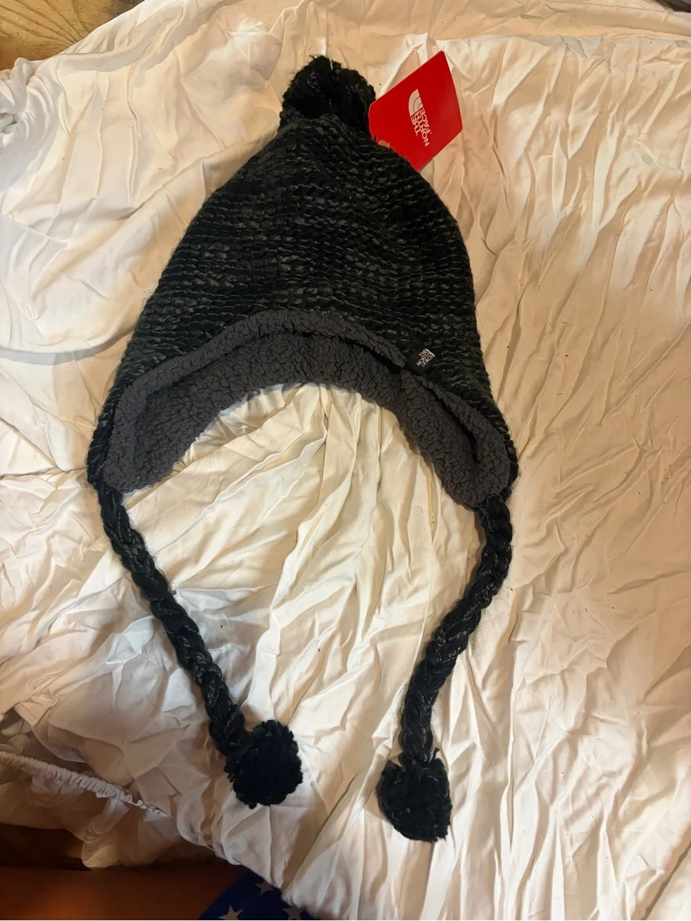 The North Face Black Knit Earflap Beanie with Pom